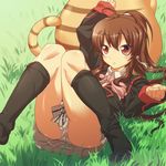  ahoge bad_id bad_pixiv_id black_legwear brown_hair cat doruji grass is_ii kneehighs little_busters! natsume_rin panties pantyshot red_eyes socks solo underwear 