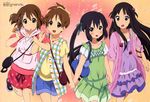  akitake_seiichi akiyama_mio candy casual chupa_chups food highres hirasawa_ui hirasawa_yui holding_hands k-on! lollipop megami multiple_girls musical_note nakano_azusa official_art 