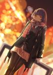  bangs black_legwear blurry blurry_background blush braid breasts breathing brown_coat can closed_mouth coat commentary_request dutch_angle eyebrows_visible_through_hair french_braid girls_frontline gloves hair_ornament hair_ribbon half_updo highres holding holding_can jacket large_breasts leaning_on_rail long_hair looking_at_viewer necktie night one_side_up open_clothes open_coat outdoors pantyhose purple_hair red_eyes red_neckwear red_scarf ribbon scarf shirt sidelocks skirt snowflake_hair_ornament snowflake_print snowing solo takagaki_eru very_long_hair wa2000_(girls_frontline) white_gloves 