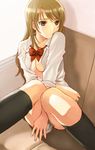  black_eyes breasts brown_hair cleavage copyright_request hijiri_ruka kneehighs long_hair medium_breasts open_clothes open_shirt ribbon school_uniform shirt socks solo 