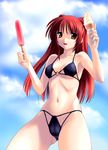  bare_shoulders bikini breasts brown_eyes cameltoe cleavage cloud covered_nipples day food highres ice_cream kousaka_tamaki long_hair medium_breasts navel norizou_type-r popsicle red_hair sky solo swimsuit to_heart_2 