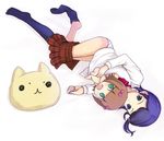  amami_haruka bad_id bad_pixiv_id barefoot blue_eyes blue_hair brown_hair chibi hair_ribbon highres idolmaster idolmaster_(classic) idolmaster_dearly_stars lying mizutani_eri multiple_girls nonowa onion_(lemlaml) ribbon single_sock skirt sock_pull socks 