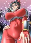  black_hair bodysuit breasts brown_eyes cherry_blossoms kunoichi large_breasts latex long_hair ninja ponytail soul_calibur soulcalibur_ii taki taki_(soulcalibur) 