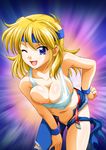  areolae asymmetrical_clothes bandana bare_shoulders belt blonde_hair blue_eyes breasts cleavage cutoffs denim headband jeans large_breasts lune_zoldark majin_go! navel nipple_slip nipples one_eye_closed pants single_pantsleg solo super_robot_wars super_robot_wars_original_generation super_robot_wars_the_lord_of_elemental tank_top torn_clothes torn_jeans torn_pants unzipped wristband 