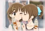  brown_eyes brown_hair chunpai closed_eyes food hirasawa_ui hirasawa_yui ice_cream k-on! licking multiple_girls ponytail short_hair siblings sisters 