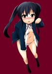  black_hair black_legwear blush brown_eyes flat_chest k-on! long_hair nakano_azusa navel open_clothes open_shirt panties paw_pose school_uniform shirt simple_background socks solo tanabe_(studio_tiamat) twintails underwear 