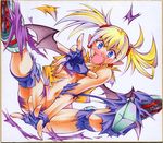  arcana_heart blonde_hair blue_eyes blush calnarsa earrings fang inline_skates jewelry lilica_felchenerow pointy_ears roller_skates shikishi skates solo sweatdrop tan torn_clothes traditional_media twintails 