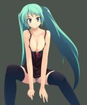  aqua_eyes aqua_hair breast_squeeze breasts camisole cleavage collarbone grin hatsune_miku large_breasts long_hair otakeyan panties pantyshot smile solo striped striped_panties thighhighs twintails underwear upskirt vocaloid 