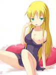  bad_id bad_pixiv_id blonde_hair breast_slip breasts dress green_eyes kuro_(be_ok) large_breasts long_hair nipple_slip nipples one_breast_out original sitting solo wardrobe_malfunction 