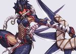  armor artist_request dual_wielding fishnets gloves glowing glowing_eyes helmet holding long_hair midriff monster_hunter nargacuga_(armor) navel red_eyes solo thighhighs weapon white_hair 