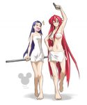  blue_hair ecchi gun hair_over_breasts kiyal laughing long_hair red_hair tengen_toppa_gurren-lagann towel very_long_hair yoko_ritona 