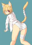  all_fours animal_ears ass bandages blonde_hair cat_ears cat_tail copyright_request dress_shirt eyepatch from_behind graphite_(medium) mixed_media nabeshima_tetsuhiro no_pants open_clothes open_shirt panties red_eyes shirt short_hair solo striped striped_panties tail traditional_media underwear 