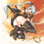  alice_(queen's_gate) aokihoshi ass black_legwear blue_hair boots cameltoe cloud from_below head_wings long_hair long_legs looking_down panties queen's_gate red_eyes sky solo thighhighs twintails underwear whip wings 