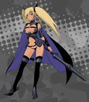  blonde_hair cape dark_skin elina green_eyes koutarou_(farthest) long_hair panties queen's_blade queen's_blade_rebellion revealing_clothes solo thighhighs twintails underwear 