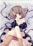  absurdres bed breasts brown_eyes brown_hair choker cleavage copyright_request dress earrings highres jewelry lingerie maid maid_headdress medium_breasts oono_tetsuya panties pantyhose pantyhose_pull petticoat ribbon satin satin_sheets solo underwear 