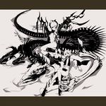  breasts cleavage copyright_request dragon high_heels horns kajimiya_(kaji) letterboxed monochrome multicolored_hair multiple_girls shoes short_hair skeleton skull small_breasts 