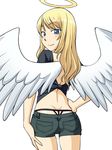  angel angel_wings ass bad_id bad_pixiv_id blonde_hair blue_eyes butt_crack g-string halo hand_on_hip hand_on_thigh hinemosu_notari long_hair original panties short_shorts shorts simple_background smile solo thong trefoil underwear whale_tail wings 
