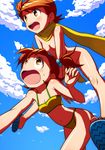  bikini flipped_hair futami_ami futami_mami hands idolmaster idolmaster_(classic) jumping multiple_girls naked_scarf nude open_mouth sandals scarf shirono siblings sisters swimsuit twins 