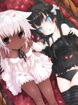  animal_ears bad_id bad_pixiv_id black_eyes black_hair blue_eyes blush cat_ears dark_skin dress hair_ribbon hase_neet lying multiple_girls original petals ribbon thighhighs white_hair 