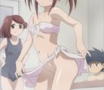  2girls armpits bare_shoulders bath bottomless brown_hair front-tie_top groin hair_ornament hairclip kiss_x_sis multiple_girls one-piece_swimsuit school_swimsuit screencap siblings sisters suminoe_ako suminoe_keita suminoe_riko swimsuit twins 
