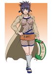  breasts dumpling dumplings female fishnet fishnets forehead_protection forehead_protector full_body gradient gradient_background legs miniskirt mitarashi_anko naruho naruto ninja nipples purple_hair scroll short_hair simple_background skirt smile solo standing thighs toes trench_coat 