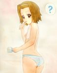  ? ass brown_eyes brown_hair brushing_teeth cup derivative_work fetishy flat_ass flat_chest from_behind hairband k-on! looking_back nipples panties short_hair solo striped striped_panties tainaka_ritsu toothbrush topless traditional_media underwear underwear_only 
