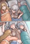  2girls blonde_hair breast_grab breasts breasts_apart casual cellphone cuddling grabbing large_breasts multiple_girls older panties phone rozen_maiden shinku silver_hair sleeping sleeves_rolled_up suigintou tsuda_nanafushi underwear 