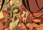  bad_id bad_pixiv_id bow breast_pillow breasts closed_eyes ex-keine fujiwara_no_mokou green_hair hair_bow hiruma_andon horns kamishirasawa_keine medium_breasts multiple_girls nude room silver_hair sleeping smoking touhou 