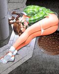  ass blush braid brown_hair checkered glasses legs nadeara_bukichi oldschool panties panty_pull shoes sneakers socks solo star_platinum_(game) suzuki_shino twin_braids underwear 