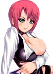  bad_id bad_pixiv_id breasts card cleavage croupier green_eyes holding holding_card huge_breasts miyamoto_issa red_hair rio_rollins short_hair solo super_blackjack 