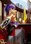  arm_cannon bad_id bad_pixiv_id cellphone copyright_request highres miyazaki_byou no_panties no_pussy phone ponytail purple_hair red_eyes skirt solo thighhighs weapon zettai_ryouiki 