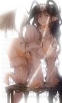  all_fours angel_wings barefoot black_hair breasts cleavage demon_girl fang horns large_breasts lips long_hair md5_mismatch no_panties original pointy_ears red_eyes solo succubus table tanupo very_long_hair wings 