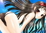  ar_tonelico ar_tonelico_ii bent_over bikini brown_eyes brown_hair goggles inumori_sayaka jakuri long_hair looking_at_viewer smile solo swimsuit 