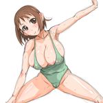  1girl armpits breasts cameltoe female hinako_(issho_ni_training) huge_breasts issho_ni_training jt_dong-agyoku leotard simple_background solo stretch stretching 