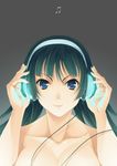  akiyama_mio black_hair blue_eyes breasts cable collarbone face hands headphones k-on! large_breasts lips long_hair mukunokino_isshiki musical_note smirk solo topless 