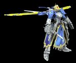  ahoge artoria_pendragon_(all) black_background fate/stay_night fate_(series) full_body gundam holding holding_sword holding_weapon mecha mechanical_wings mechanization no_humans saber simple_background standing sword weapon white_background wings 