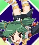  brown_eyes green_hair hair_bobbles hair_ornament haruyama_kazunori hattori_yamame kage_kara_mamoru! panties solo striped striped_legwear thighhighs twintails underwear 