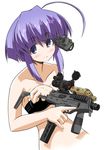  ahoge blue_eyes bra brugger-thomet_mp9 copyright_request excel_(gewalt) gun huge_ahoge lingerie night_vision_device purple_hair scope solo submachine_gun trigger_discipline underwear weapon 