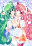  animal_ears bad_id bad_pixiv_id blush breast_press breasts cat_ears checkered green_eyes green_hair hairband highres large_breasts long_hair moe_(moeren) moeren mouth_hold multiple_girls pink_eyes pink_hair ren_(moeren) spoon suzume_inui symmetrical_docking tail thighhighs very_long_hair waitress 