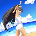  aqua_eyes ass beach day flat_chest ganaha_hibiki hair_ribbon idolmaster idolmaster_(classic) long_hair nishi_(count2.4) one-piece_swimsuit open_mouth outdoors ponytail ribbon school_swimsuit smile solo swimsuit very_long_hair white_school_swimsuit white_swimsuit 