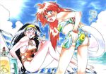  90s araizumi_rui ass barefoot beach bikini blush day innertube jpeg_artifacts lina_inverse multiple_girls naga_the_serpent non-web_source official_art slayers swimsuit 