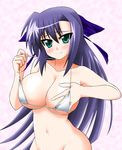  bikini blue_hair blush breasts ginga_nakajima green_eyes large_breasts long_hair lyrical_nanoha mahou_shoujo_lyrical_nanoha_strikers sawa_(snack_yoshie) self_fondle swimsuit 