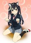  animal_ears black_hair black_legwear blush brown_eyes cat_ears fake_animal_ears k-on! kame_(pixiv) kneehighs long_hair nakano_azusa neck_ribbon paw_pose red_ribbon ribbon school_uniform shoes sitting skirt socks solo twintails uwabaki 