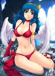  angel angel_wings athena_(series) bikini blue_eyes blue_hair cleavage curly_hair elbow_gloves gloves hairband highres king_of_fighters looking_at_viewer midriff navel princess_athena ribbon sitting snk swimsuit thighhighs water wings 