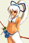  1girl arrow bow_(weapon) breasts dark_skin female majikina_mina midriff ponytail samurai_spirits simple_background solo weapon white_hair 