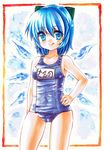  :q bad_id bad_pixiv_id blue_eyes blue_hair bow cameltoe cirno covered_navel hair_bow hand_on_hip kidanieru navel one-piece_swimsuit school_swimsuit short_hair solo swimsuit tongue tongue_out touhou traditional_media wings 