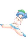  1girl ass bangs bare_legs bare_shoulders belt belt_around_neck between_breasts blue_eyes blue_footwear blue_hair blue_skirt blunt_bangs blush breasts collar collarbone erect_nipples eyebrows_visible_through_hair green_hat groin hair_bobbles hair_ornament hat highres kawashiro_nitori key mouth_hold navel non_(z-art) o-ring panties shirt short_hair simple_background sitting skirt skirt_lift solo spread_legs tank_top thighs touhou two_side_up underwear upskirt white_background white_panties white_shirt 