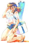  ajiyoshi_noriko blush breasts brown_hair denim denim_shorts food green_eyes kneeling large_breasts long_hair melting midriff mister_ajikko popsicle ramb_chop sandals see-through shorts solo sweat 