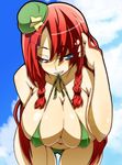  alternate_headwear bare_shoulders bikini blue_eyes braid breasts cameltoe cleavage cloud commentary_request day deep_skin hat hong_meiling huge_breasts leaning_forward long_hair micro_bikini mini_hat mouth_hold naughty_face navel red_hair sky smile solo swimsuit teasing toudori touhou twin_braids 