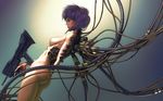  ass assault_rifle breasts cable commentary cyberpunk cyborg ghost_in_the_shell gun highres holding holding_gun holding_weapon kusanagi_motoko medium_breasts nude profile purple_hair realistic red_eyes rifle science_fiction short_hair sideboob solo wallpaper weapon wen_jr 